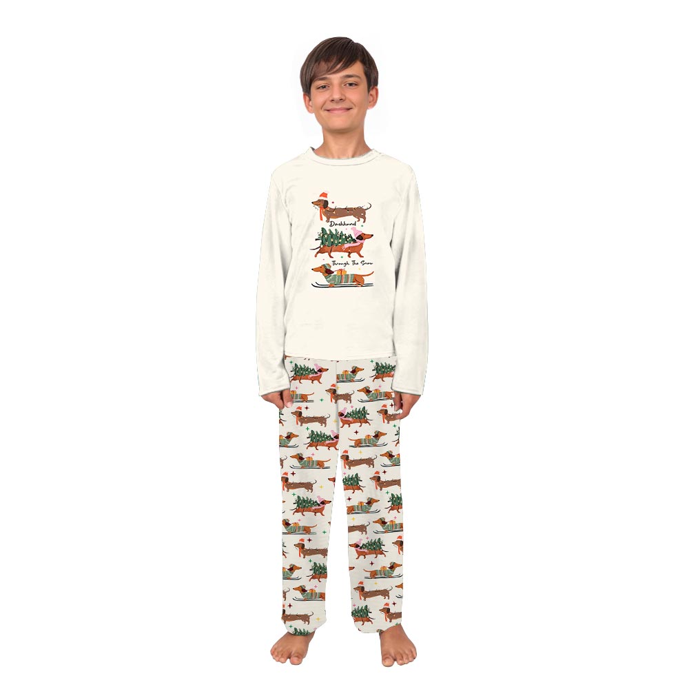 Beige Through The Snow with Dachshund Matching Family Pajama Sets