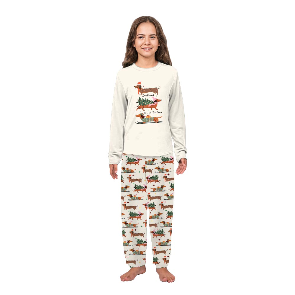 Beige Through The Snow with Dachshund Matching Family Pajama Sets