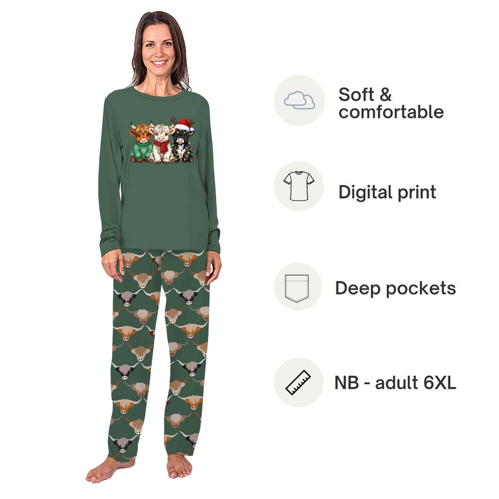Baby Highland Cows On Green Family Christmas Pajamas With Plus Size Baby Highland Cows On Green Family Christmas Pajamas With Plus Size