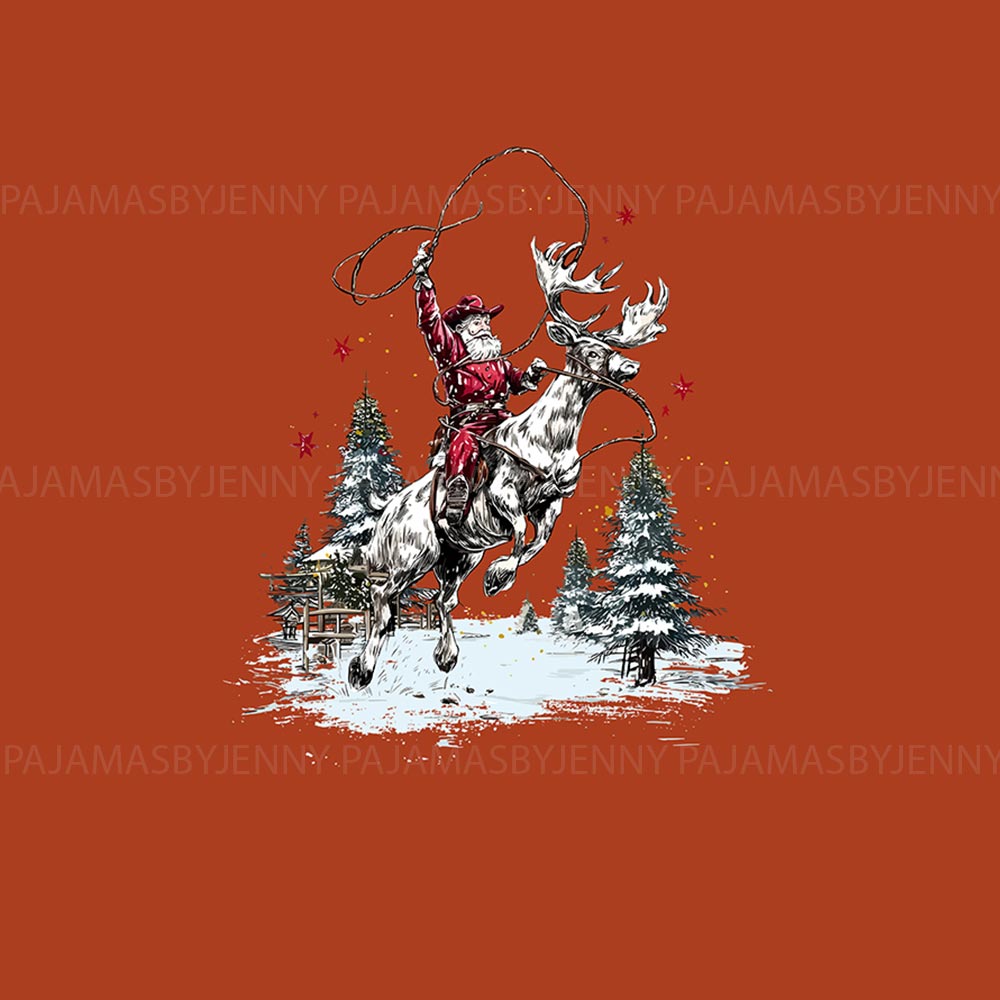 Retro Cowboy Santa Clause Matching Christmas Pjs With Dogs