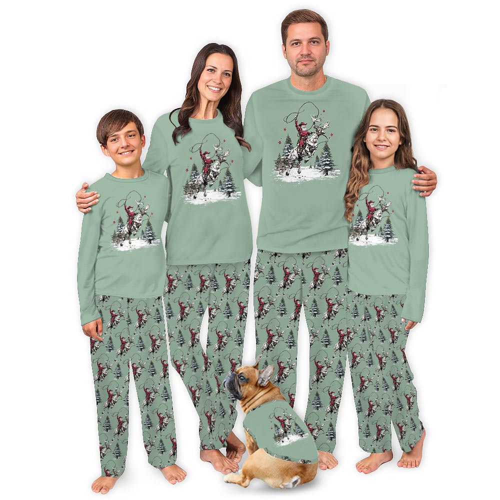 Retro Cowboy Santa Clause Matching Christmas Pjs With Dogs