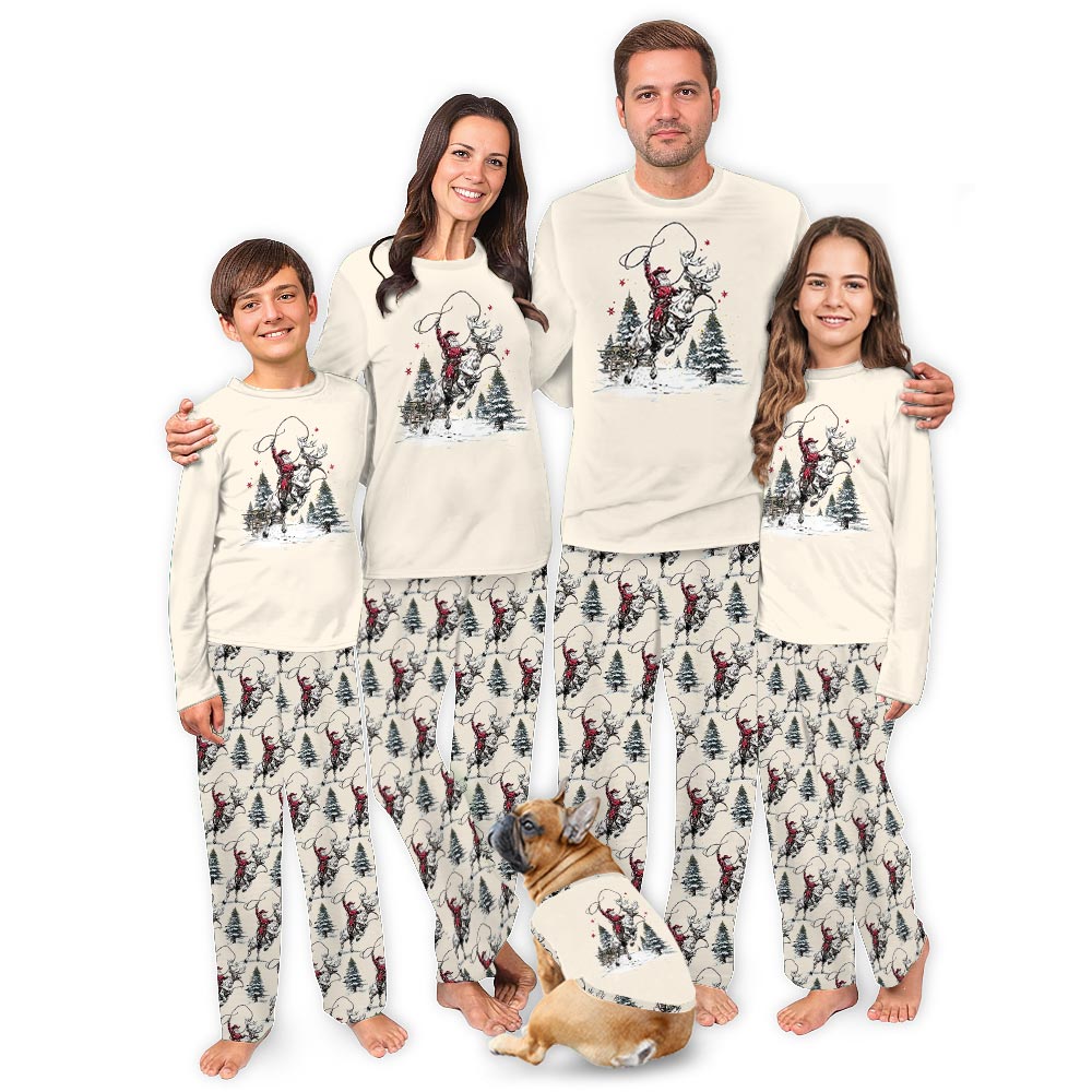 Retro Cowboy Santa Clause Matching Christmas Pjs With Dogs