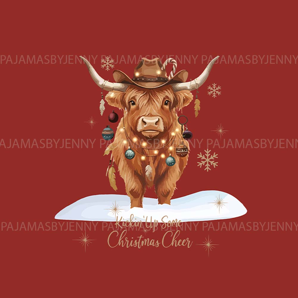 Festive Red Highland Cow Christmas Pajamas Saying Kickin Up The Cheer Festive Red Highland Cow Christmas Pajamas Saying Kickin Up The Cheer