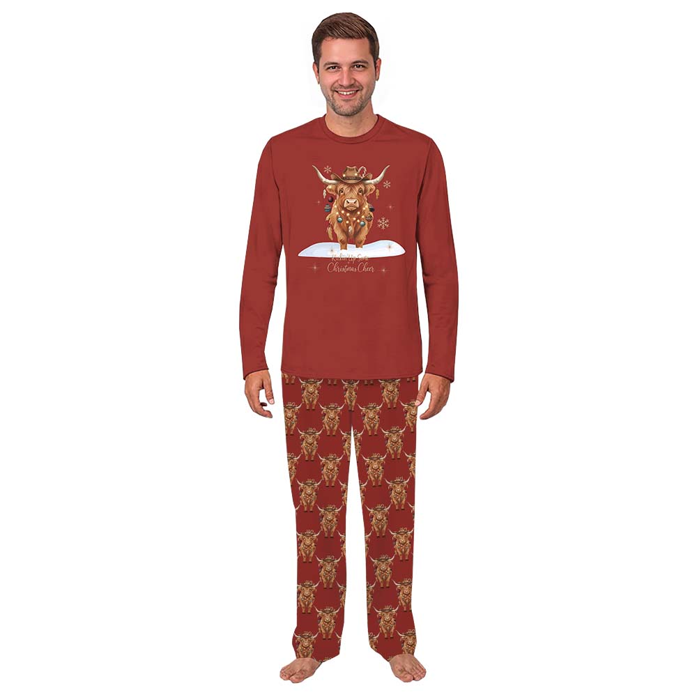 Festive Red Highland Cow Christmas Pajamas Saying Kickin Up The Cheer Festive Red Highland Cow Christmas Pajamas Saying Kickin Up The Cheer
