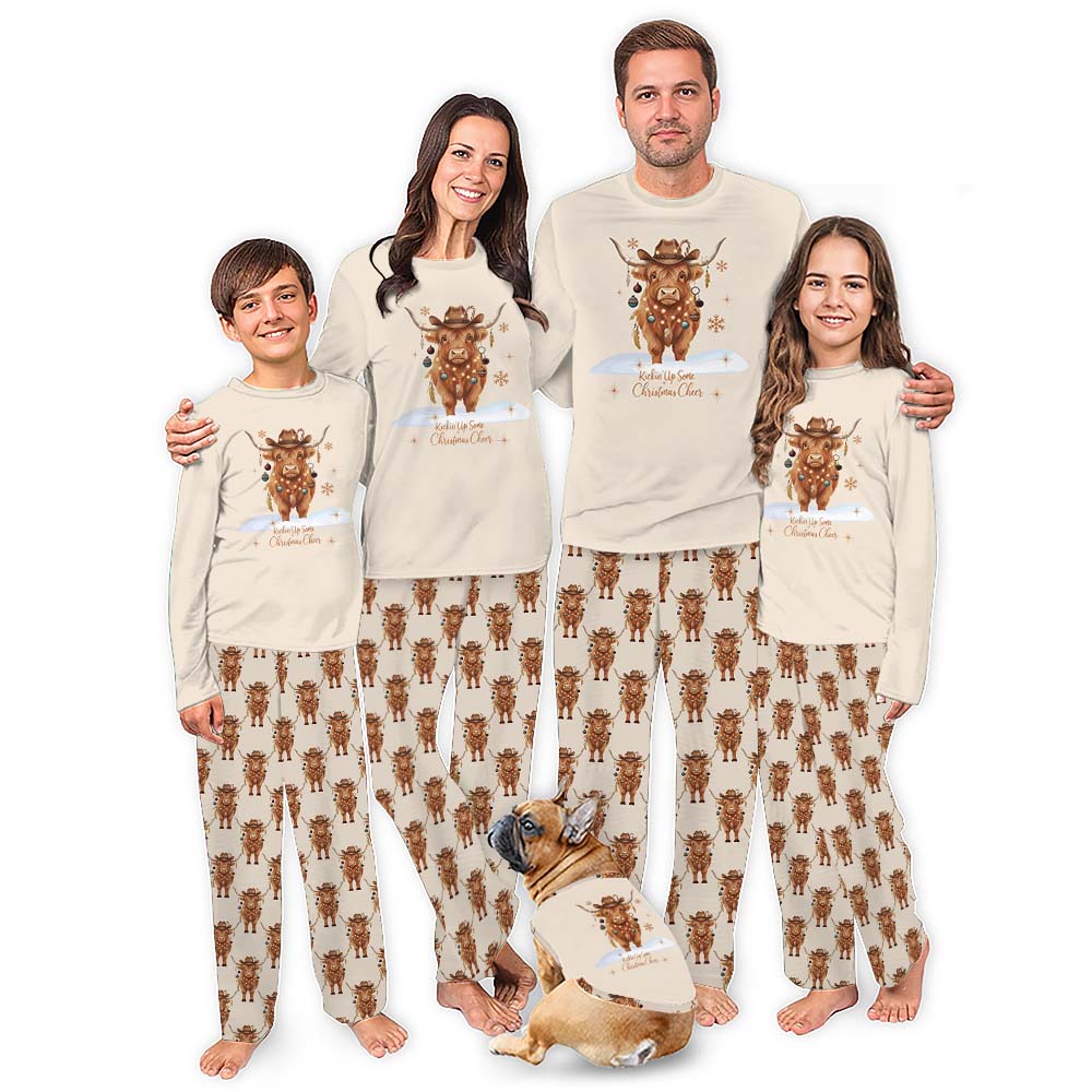 Festive Red Highland Cow Christmas Pajamas Saying Kickin Up The Cheer Festive Red Highland Cow Christmas Pajamas Saying Kickin Up The Cheer