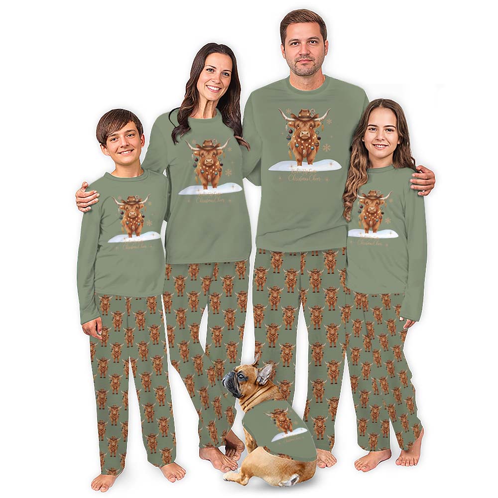 Festive Red Highland Cow Christmas Pajamas Saying Kickin Up The Cheer Festive Red Highland Cow Christmas Pajamas Saying Kickin Up The Cheer