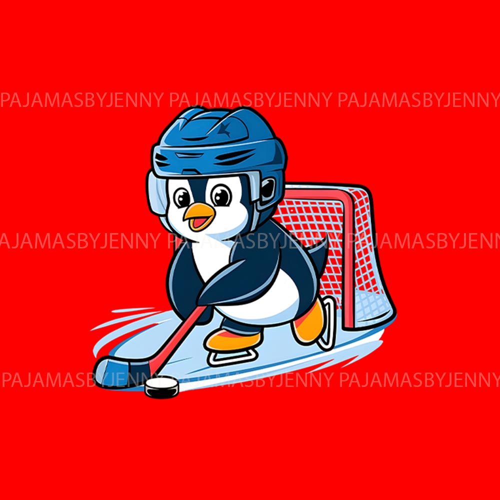 Red Penguin Playing Hockey Matching Christmas PJs Red Penguin Playing Hockey Matching Christmas PJs