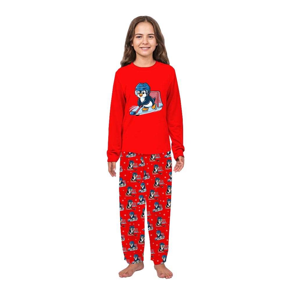 Red Penguin Playing Hockey Matching Christmas PJs Red Penguin Playing Hockey Matching Christmas PJs