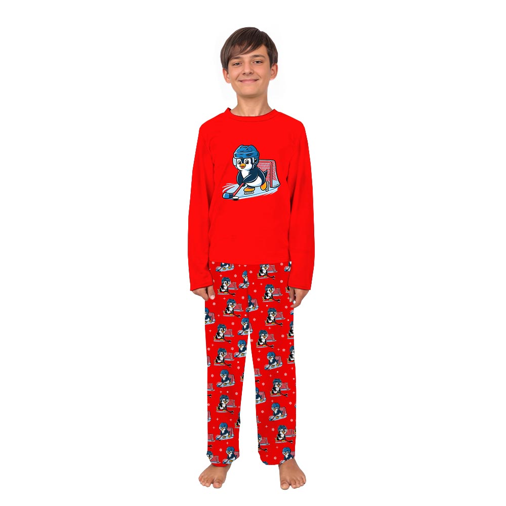 Red Penguin Playing Hockey Matching Christmas PJs Red Penguin Playing Hockey Matching Christmas PJs