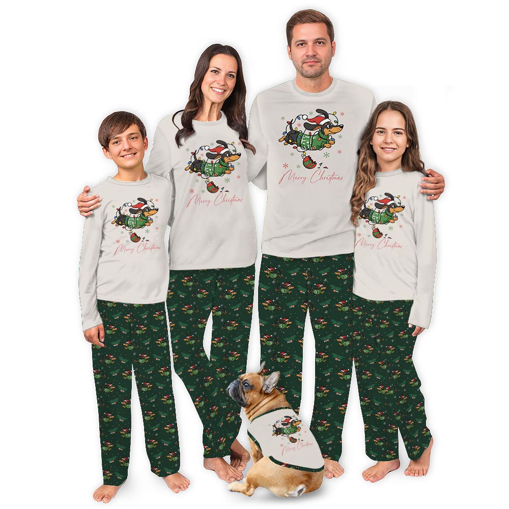 Merry Dachshund with Christmas Lights Matching Christmas PJs with Dog