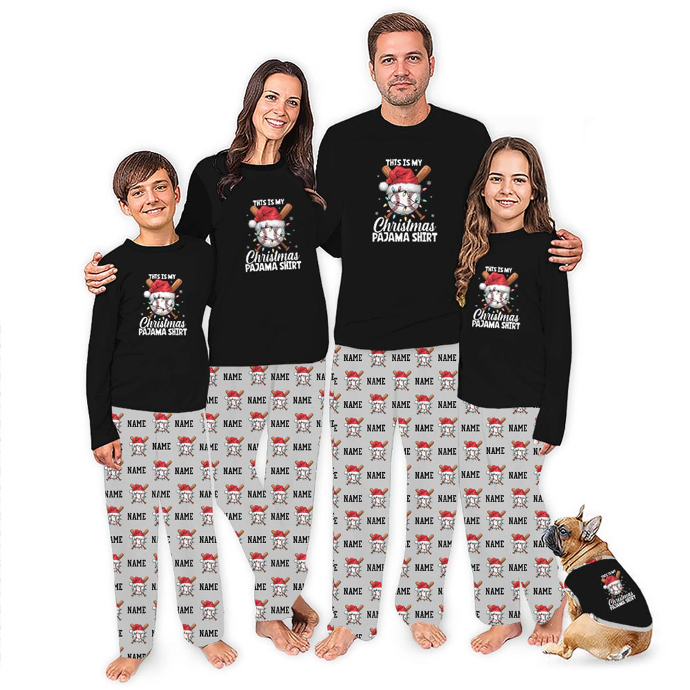 Custom Name Baseball Santa Hat Matching Christmas Pjs With Dogs