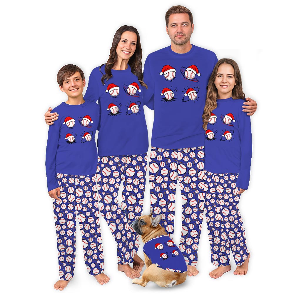 Baseball Wearing Santa Hats Matching Pajamas for Cat and Owner