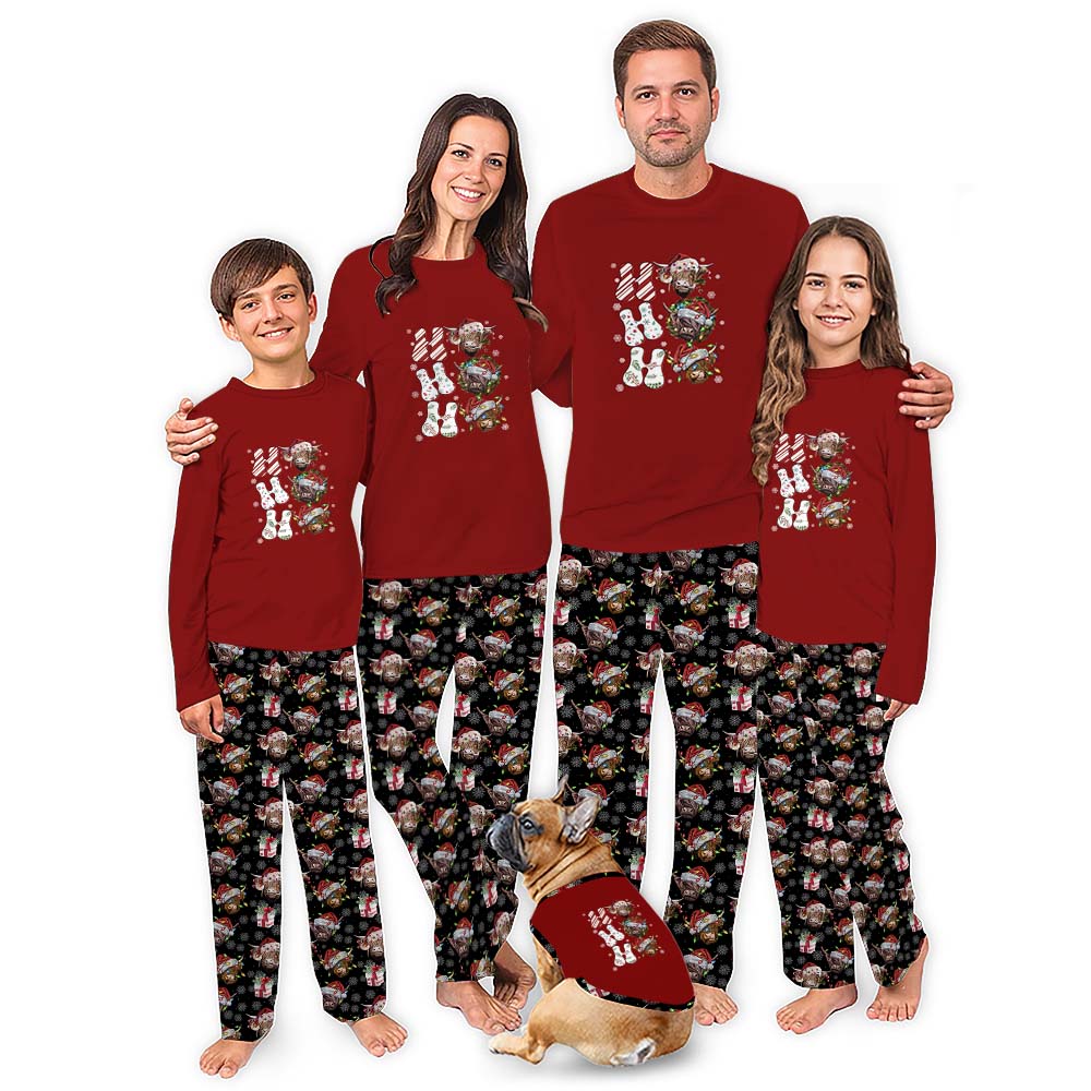 Plus Size Highland Cow Christmas Pajamas Saying Ho Ho Ho Plus Size Highland Cow Christmas Pajamas Saying Ho Ho Ho