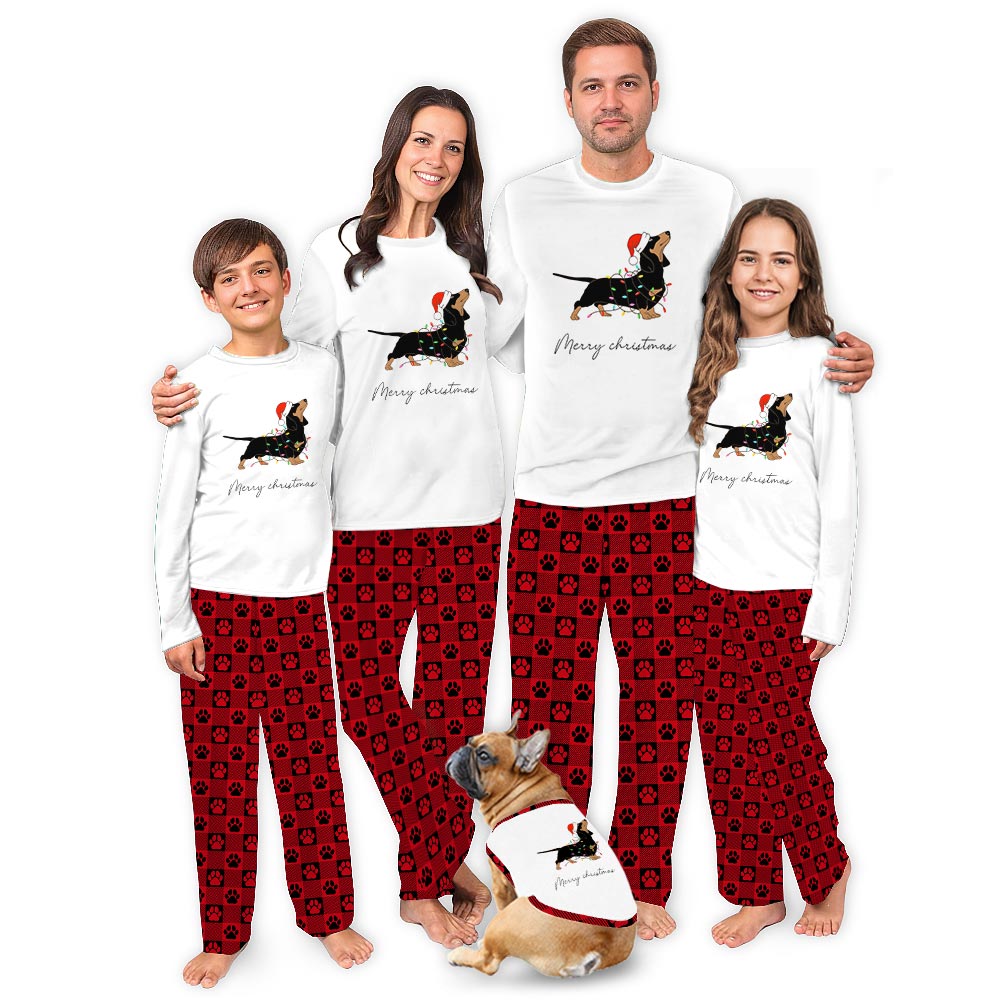 Merry Dachshund with Christmas Light Matching Dog Christmas PJs Merry Dachshund with Christmas Light Matching Dog Christmas PJs