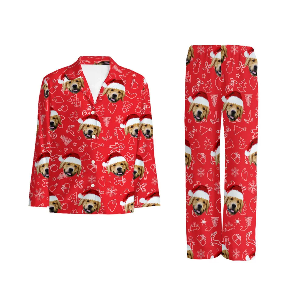 Custom Pet Photo Christmas Matching Family Pjs Red