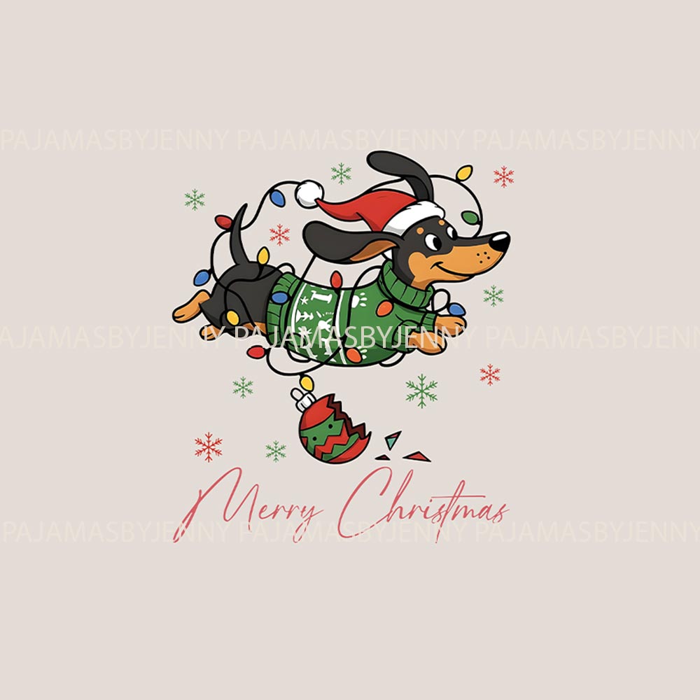 Merry Dachshund with Christmas Lights Matching Christmas PJs with Dog