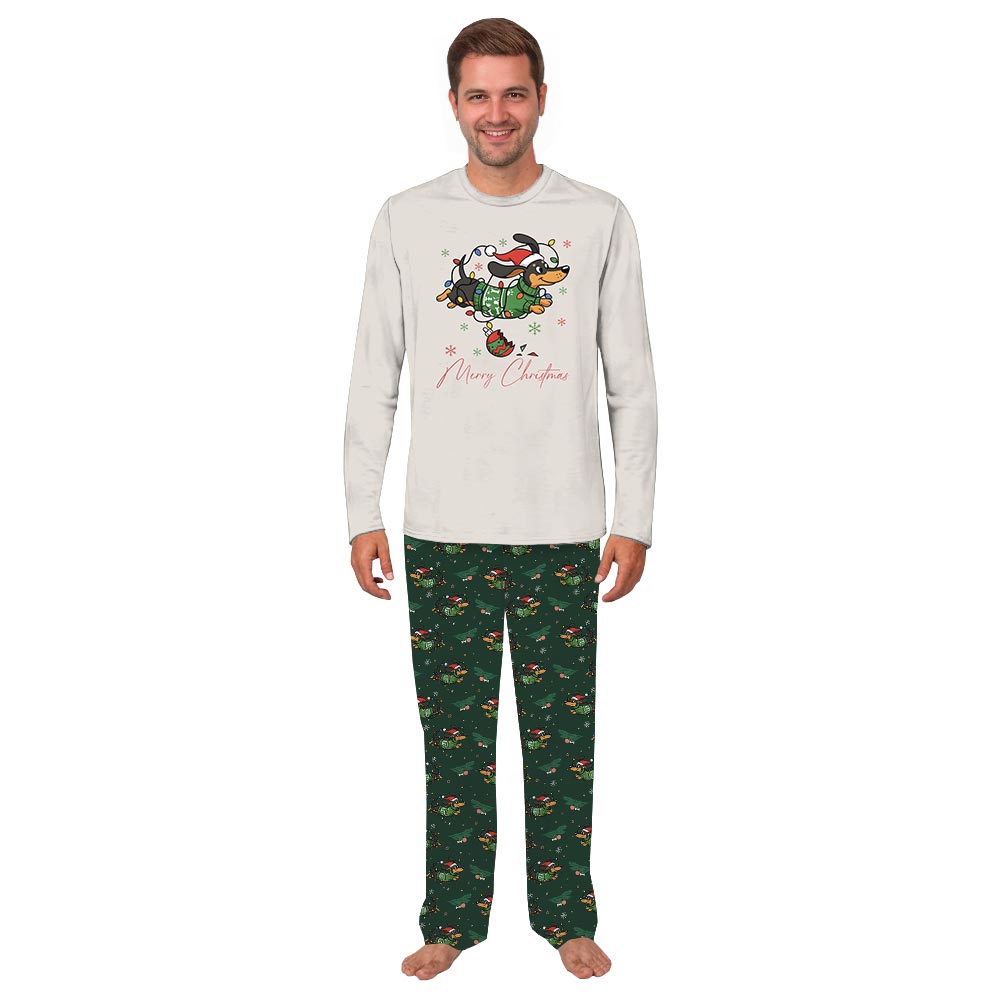 Merry Dachshund with Christmas Lights Matching Christmas PJs with Dog