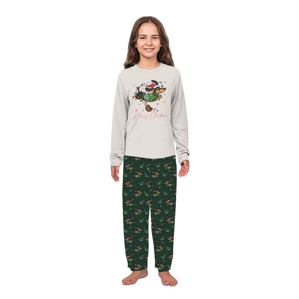 Merry Dachshund with Christmas Lights Matching Christmas PJs with Dog