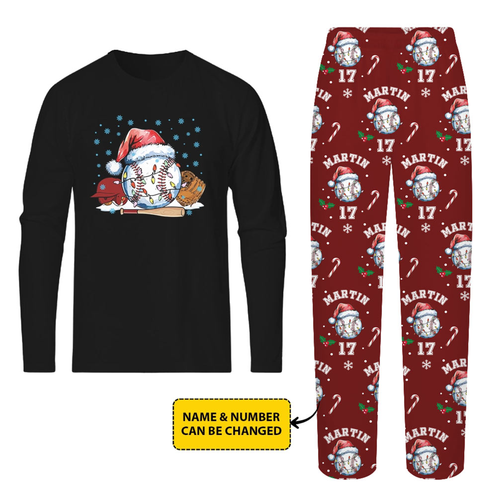 Baseball Santa Matching Christmas PJs With Name And Number Baseball Santa Matching Christmas PJs With Name And Number