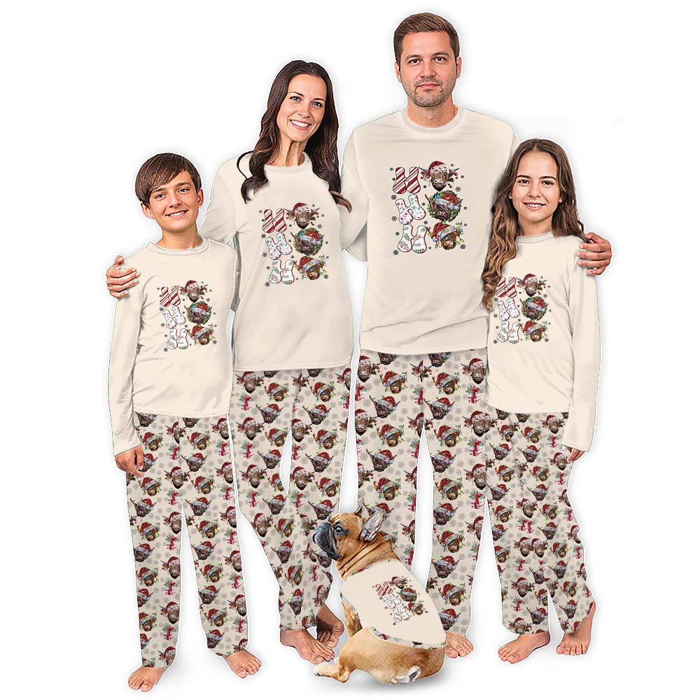 Plus Size Highland Cow Christmas Pajamas Saying Ho Ho Ho Plus Size Highland Cow Christmas Pajamas Saying Ho Ho Ho