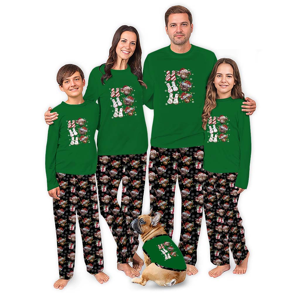 Plus Size Highland Cow Christmas Pajamas Saying Ho Ho Ho Plus Size Highland Cow Christmas Pajamas Saying Ho Ho Ho