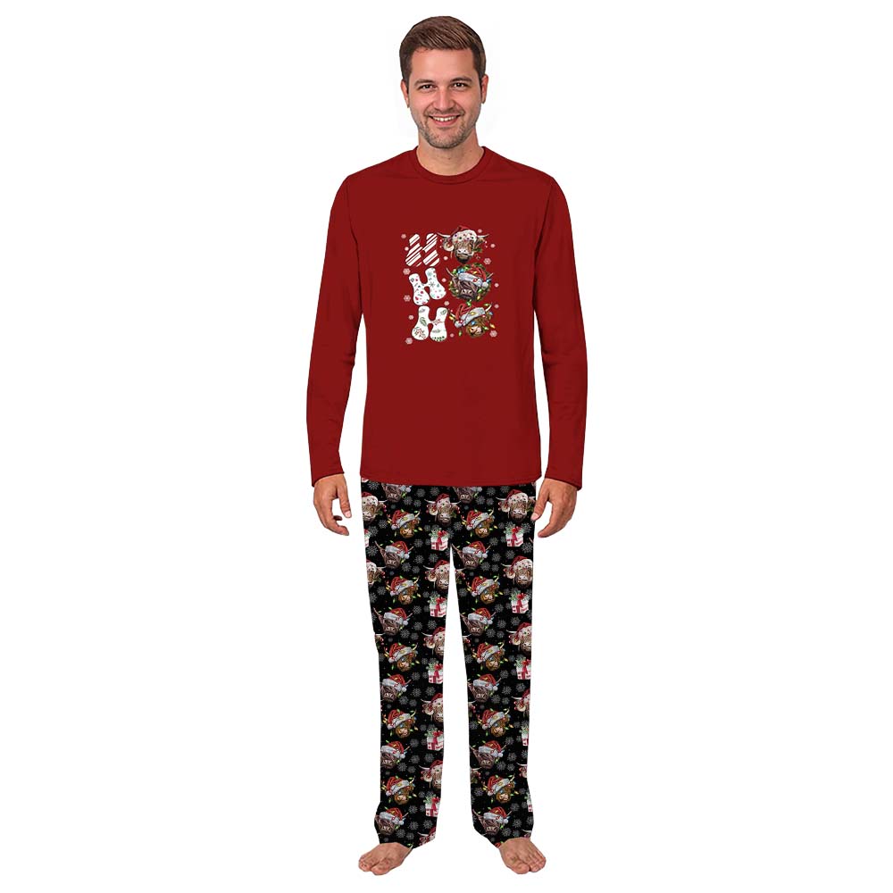 Plus Size Highland Cow Christmas Pajamas Saying Ho Ho Ho Plus Size Highland Cow Christmas Pajamas Saying Ho Ho Ho
