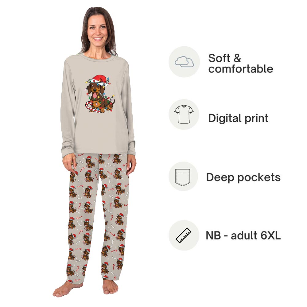 Beige Dachshund wearing Santa Hat Plus Size Family PJs Beige Dachshund wearing Santa Hat Plus Size Family PJs