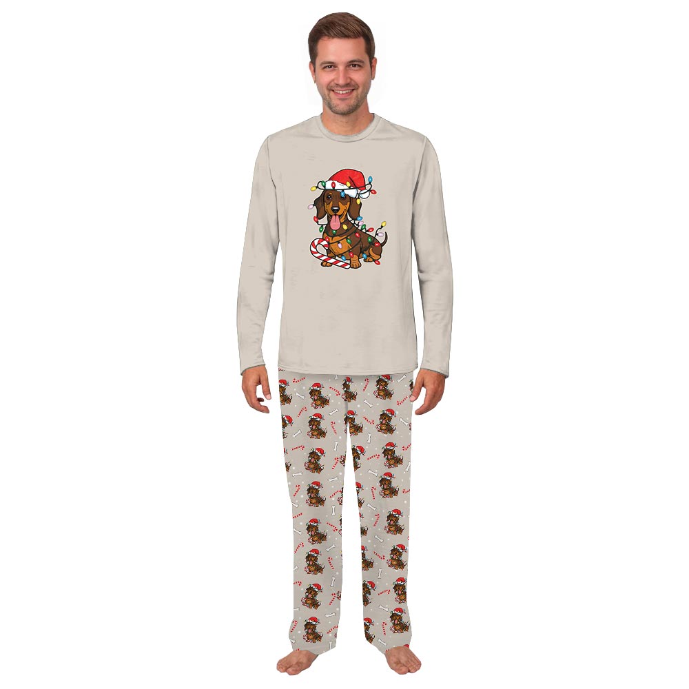 Beige Dachshund wearing Santa Hat Plus Size Family PJs Beige Dachshund wearing Santa Hat Plus Size Family PJs