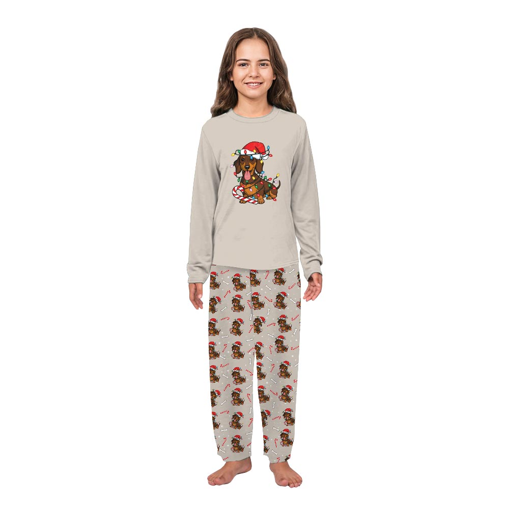 Beige Dachshund wearing Santa Hat Plus Size Family PJs Beige Dachshund wearing Santa Hat Plus Size Family PJs