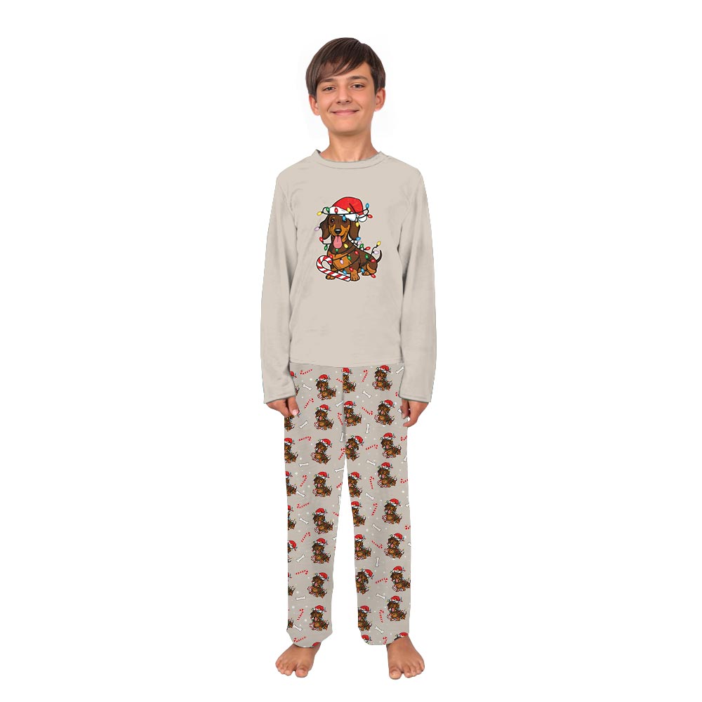 Beige Dachshund wearing Santa Hat Plus Size Family PJs Beige Dachshund wearing Santa Hat Plus Size Family PJs