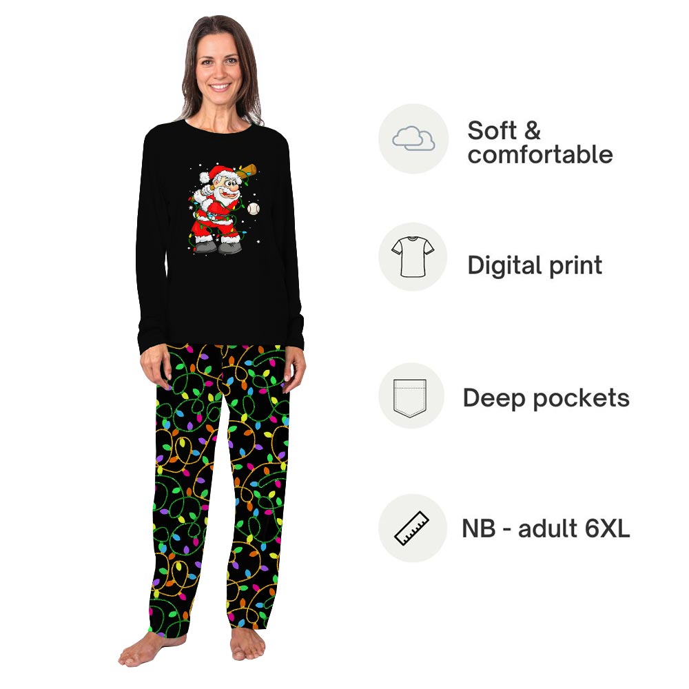 Santa Playing Baseball Matching Family Pajamas with Christmas Light Santa Playing Baseball Matching Family Pajamas with Christmas Light