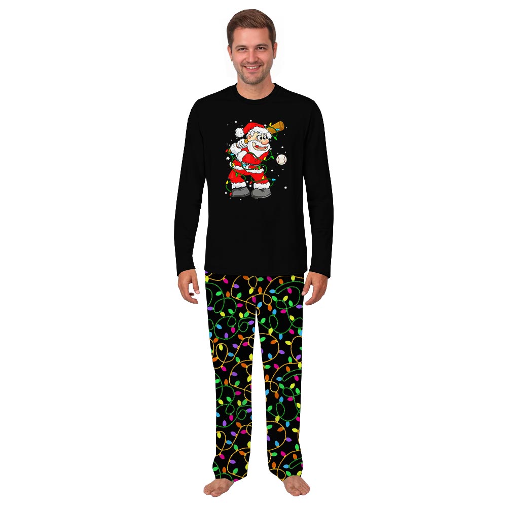 Santa Playing Baseball Matching Family Pajamas with Christmas Light Santa Playing Baseball Matching Family Pajamas with Christmas Light