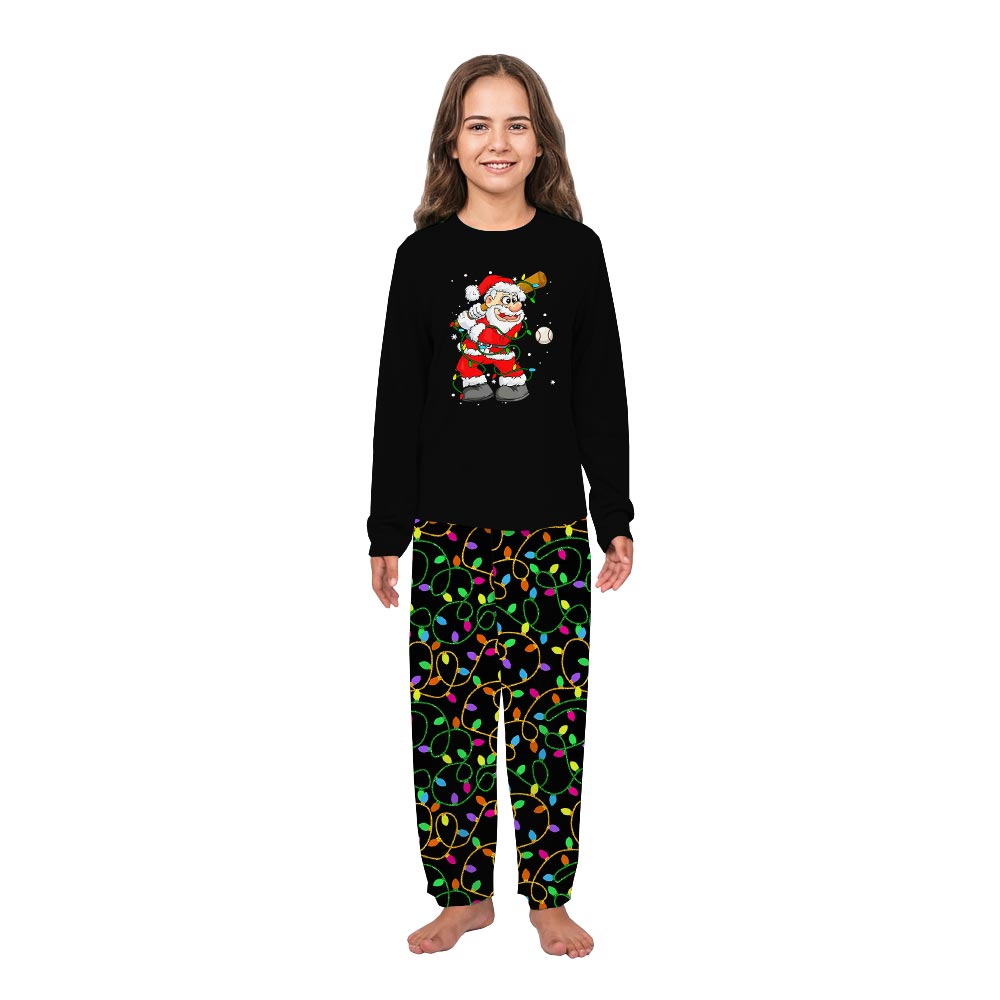 Santa Playing Baseball Matching Family Pajamas with Christmas Light Santa Playing Baseball Matching Family Pajamas with Christmas Light