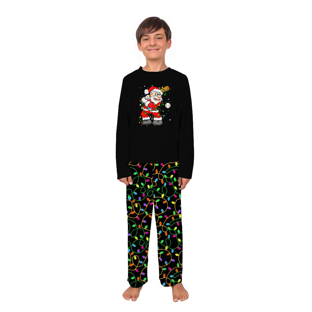 Santa Playing Baseball Matching Family Pajamas with Christmas Light Santa Playing Baseball Matching Family Pajamas with Christmas Light