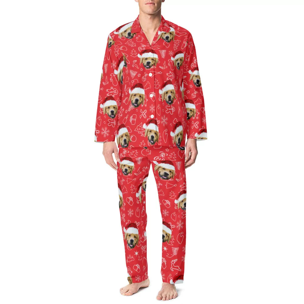 Custom Pet Photo Christmas Matching Family Pjs Red