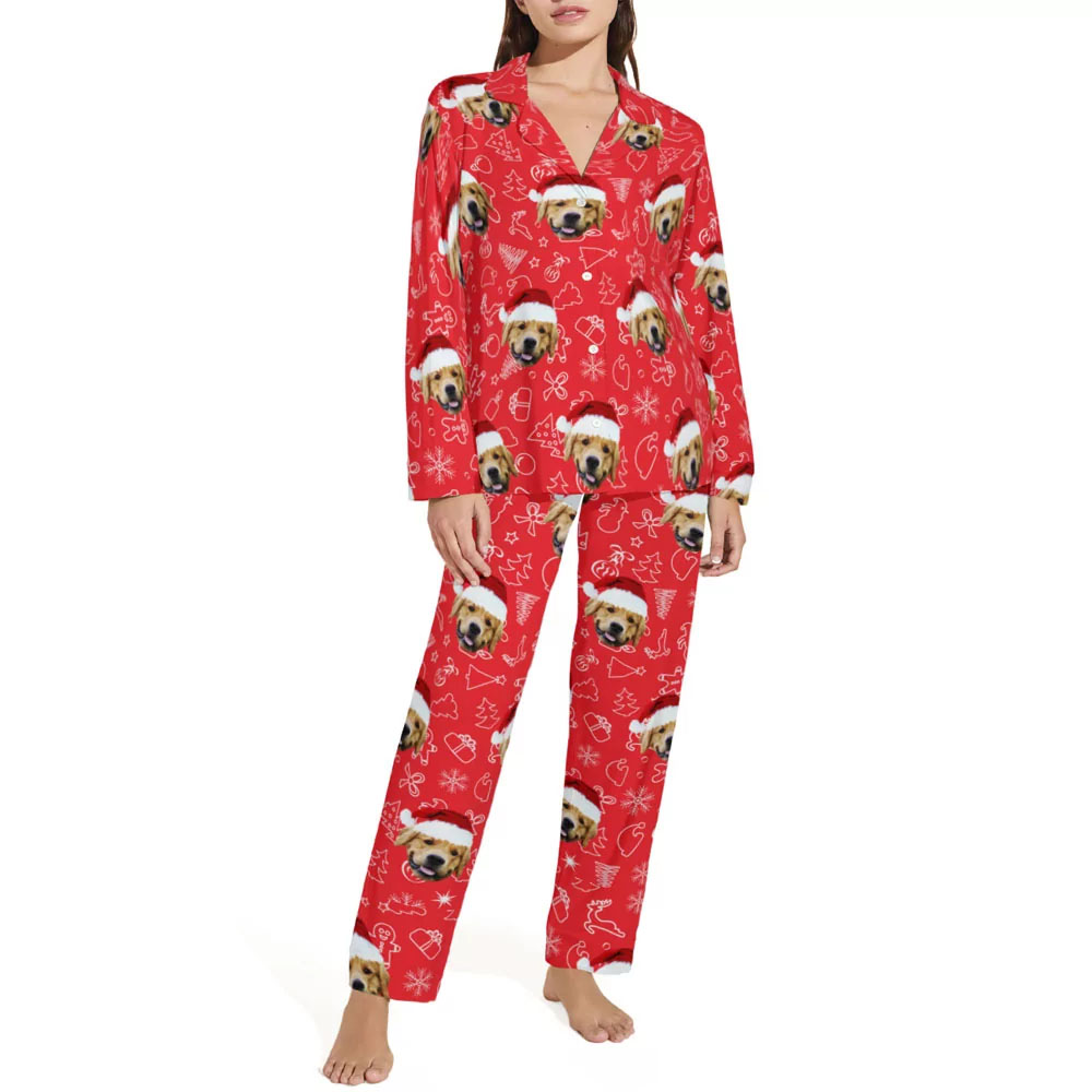 Custom Pet Photo Christmas Matching Family Pjs Red