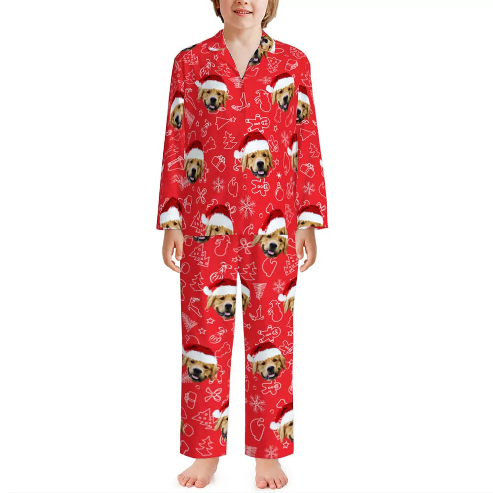 Custom Pet Photo Christmas Matching Family Pjs Red