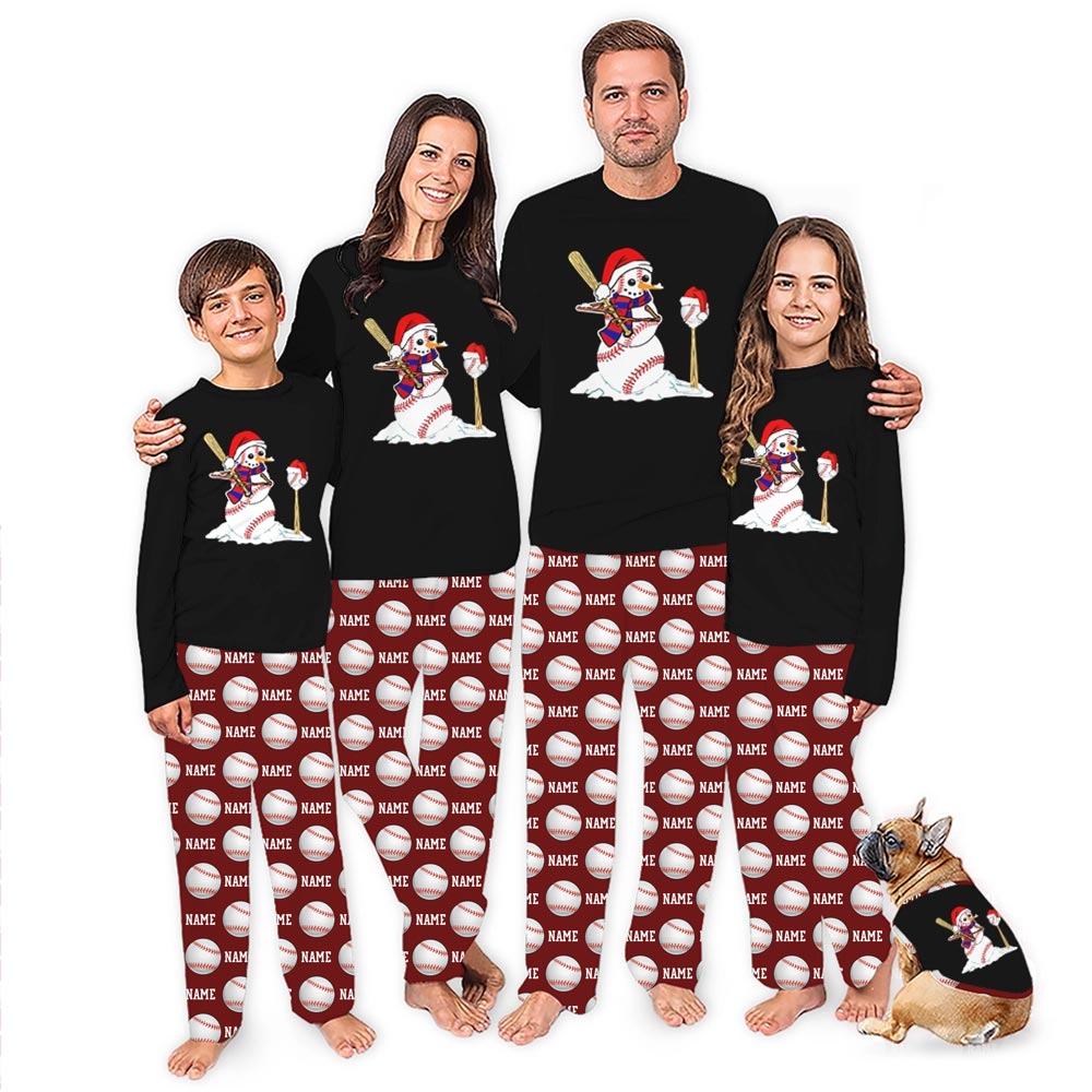 Customized Name Baseball Snowman Matching Christmas Pjs With Dog Customized Name Baseball Snowman Matching Christmas Pjs With Dog