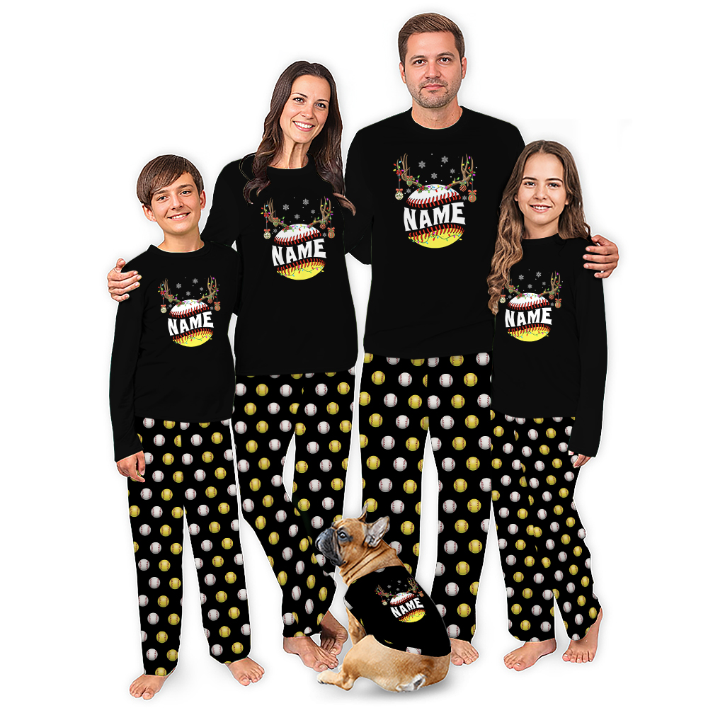 Custom Name Baseball And Softball Family Dog Christmas Pajamas
