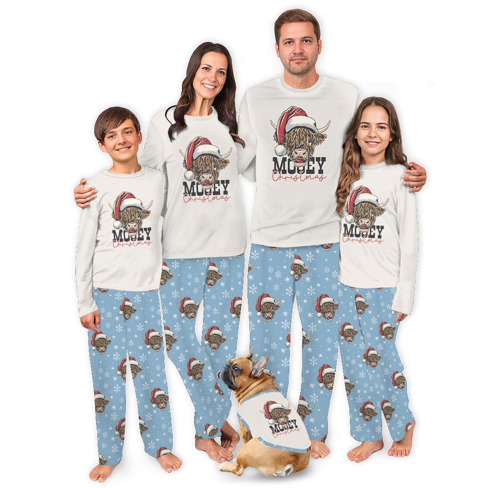 Moey Christmas Cow wearing Santa Hat Matching PJs With Dog