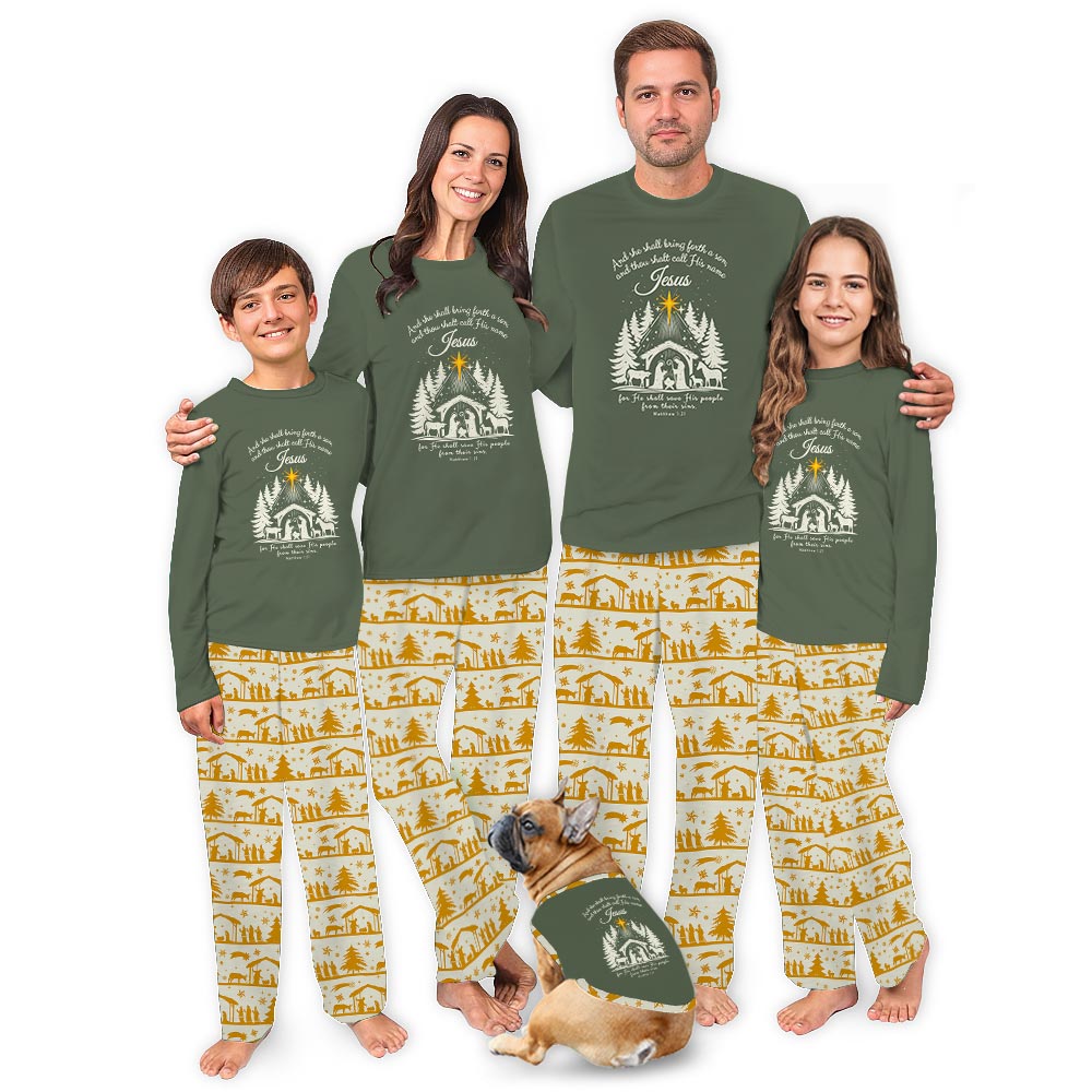 Festive Nativity with Bible Versus Family Matching Christmas PJs Festive Nativity with Bible Versus Family Matching Christmas PJs