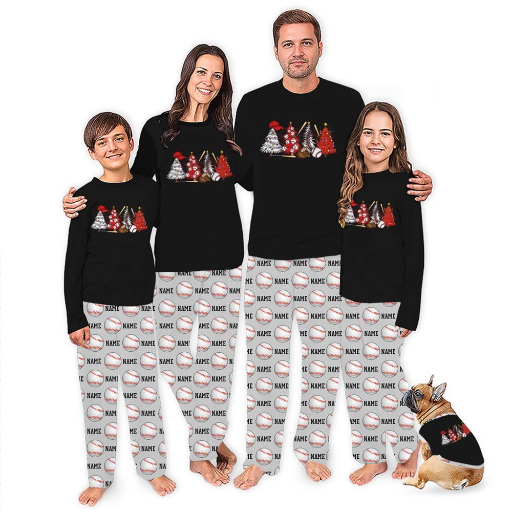 Christmas Tree Baseball Matching Pajamas Family And Dog With Custom Name