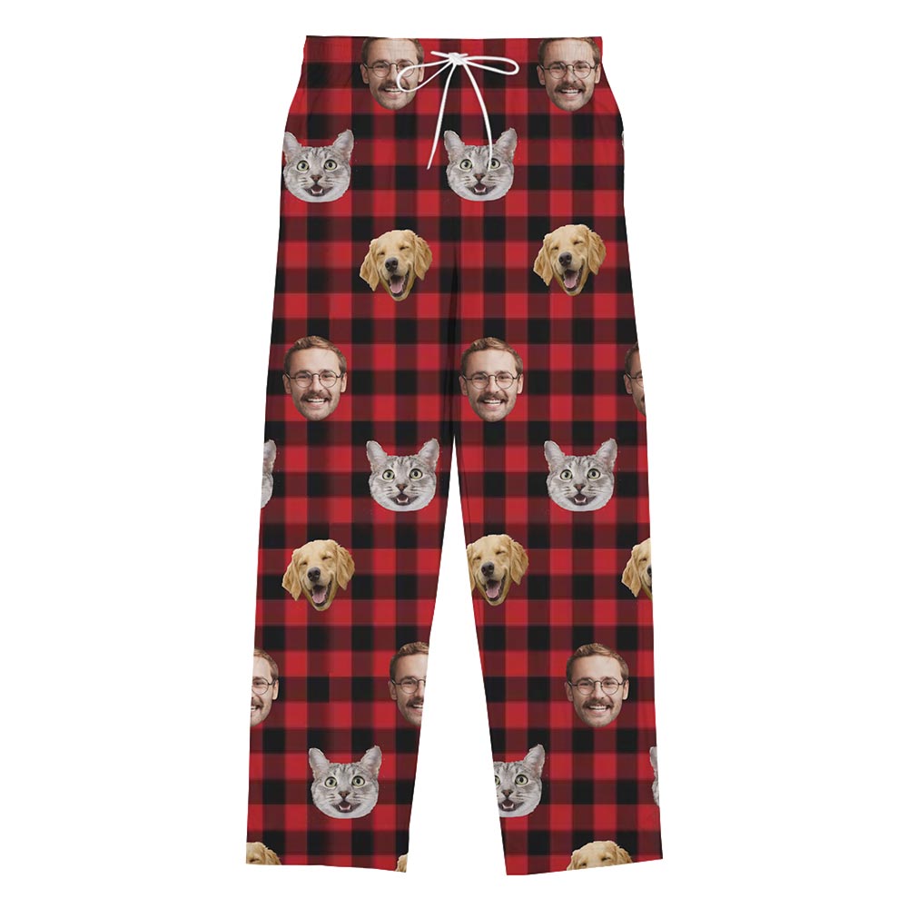 Custom Owner and Pets Face Plaid Pajama Pants with Live Preview Custom Owner and Pets Face Plaid Pajama Pants with Live Preview