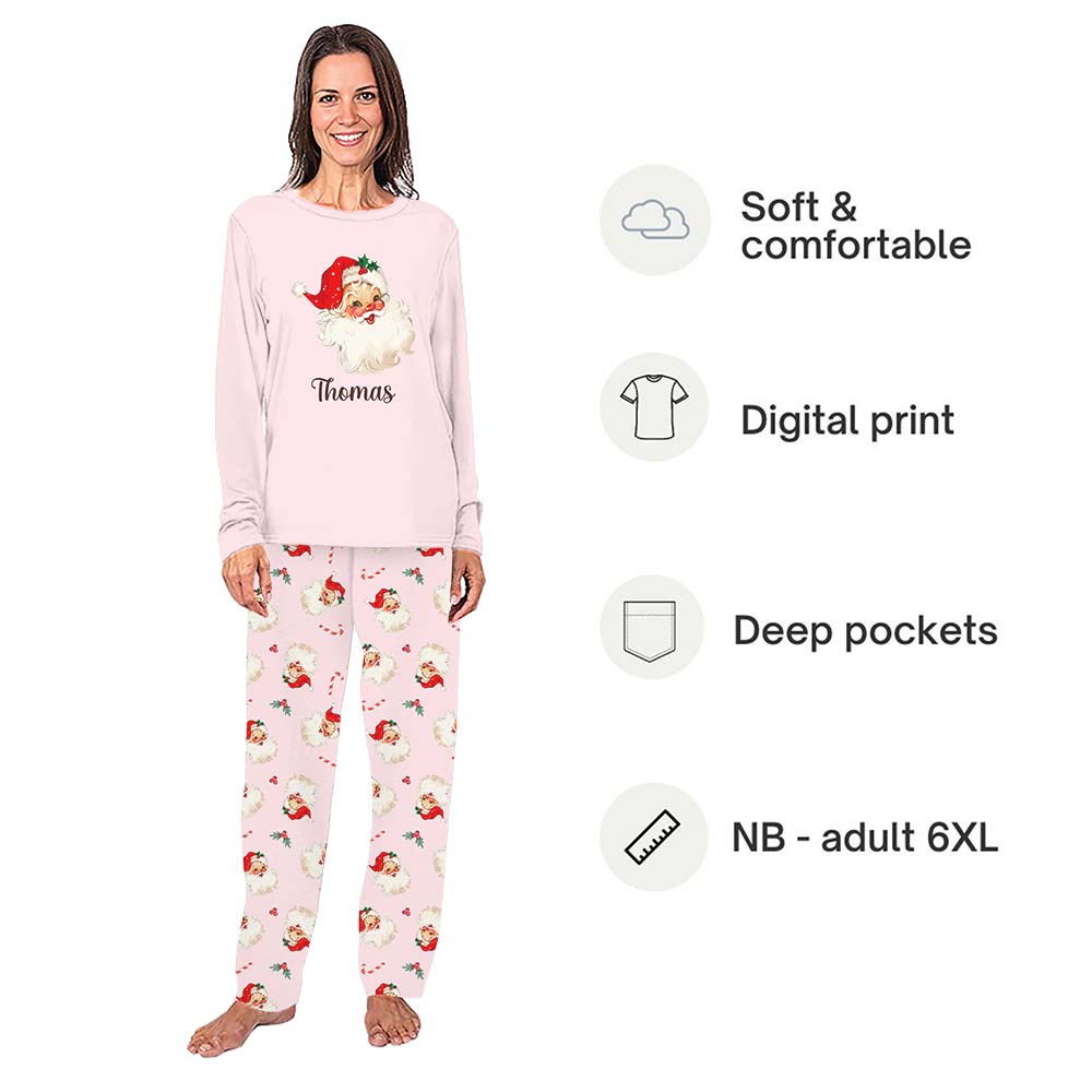 Customizable Cute Matching Christmas Pajamas With Pink Santa