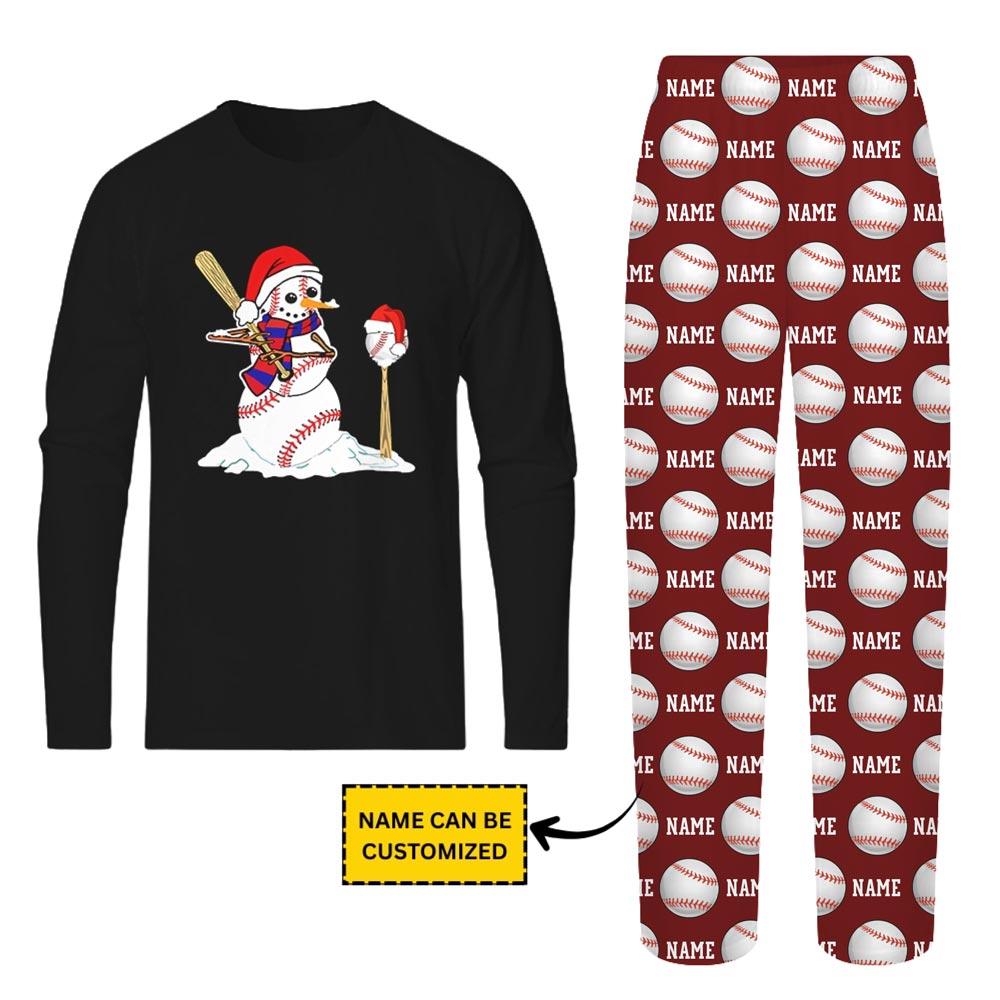 Customized Name Baseball Snowman Matching Christmas Pjs With Dog Customized Name Baseball Snowman Matching Christmas Pjs With Dog
