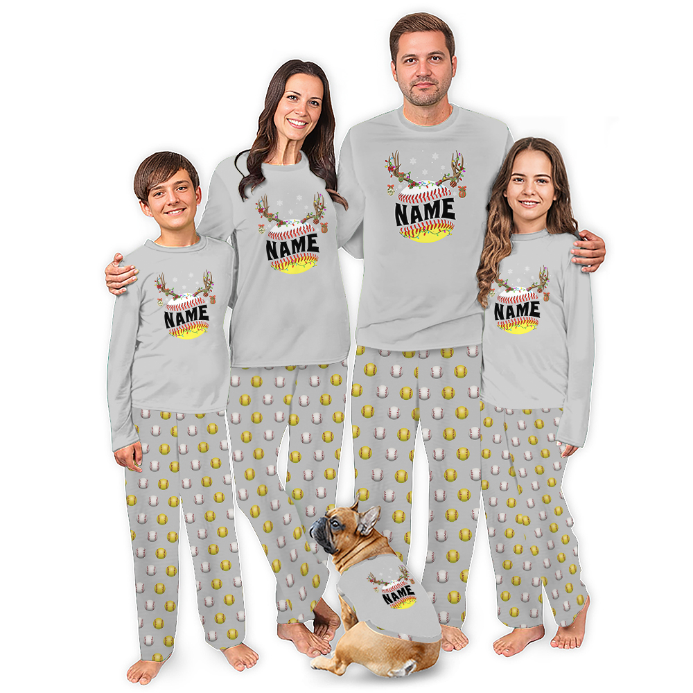 Custom Name Baseball And Softball Family Dog Christmas Pajamas