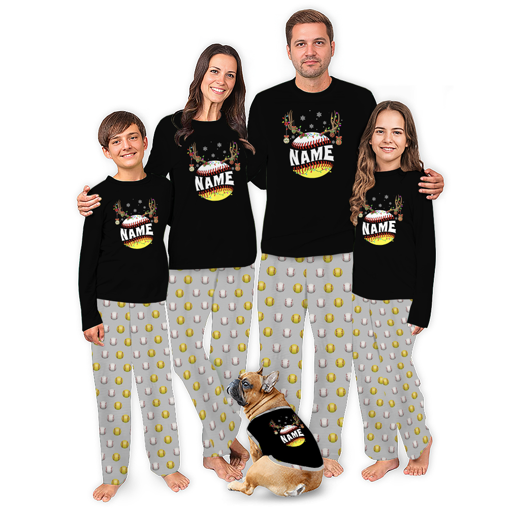 Custom Name Baseball And Softball Family Dog Christmas Pajamas