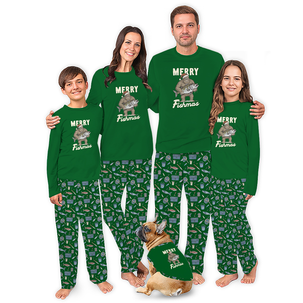 Merry Fishmas With Bigfoot Christmas Pajamas Matching Family Merry Fishmas With Bigfoot Christmas Pajamas Matching Family
