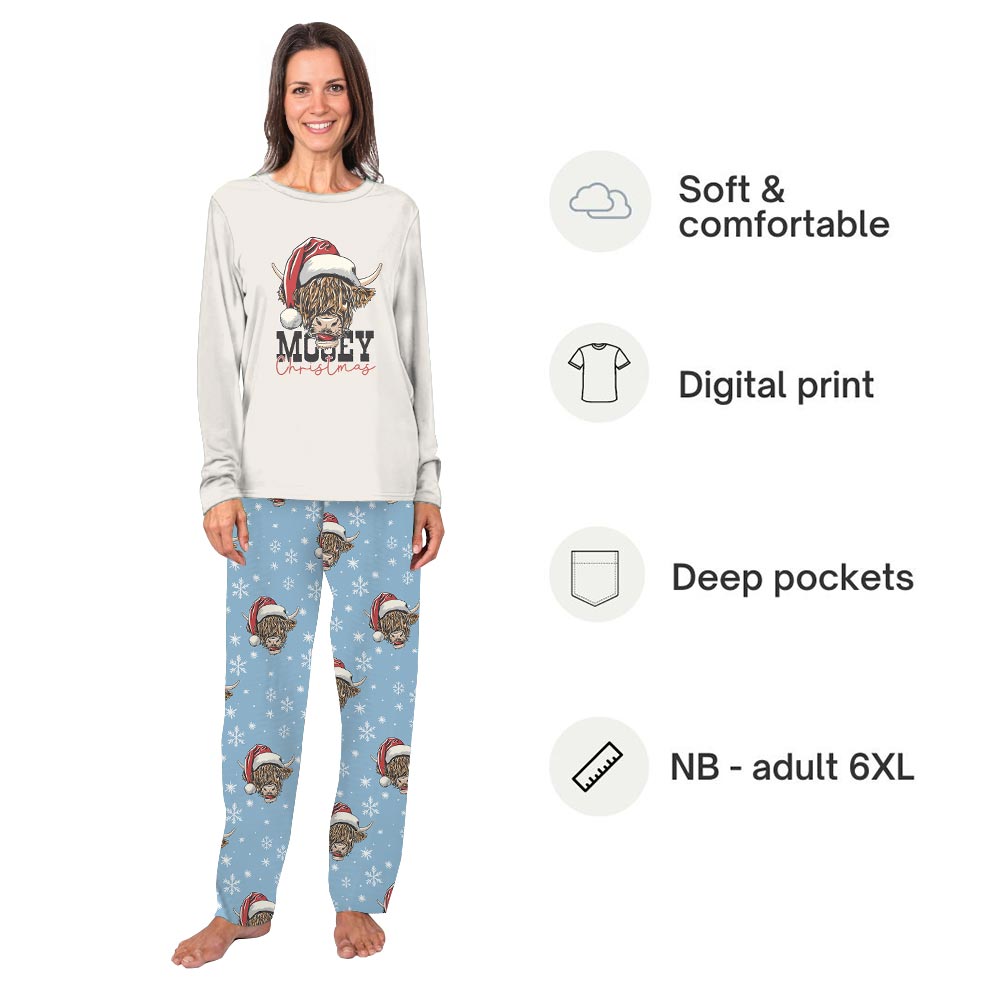 Moey Christmas Cow wearing Santa Hat Matching PJs With Dog