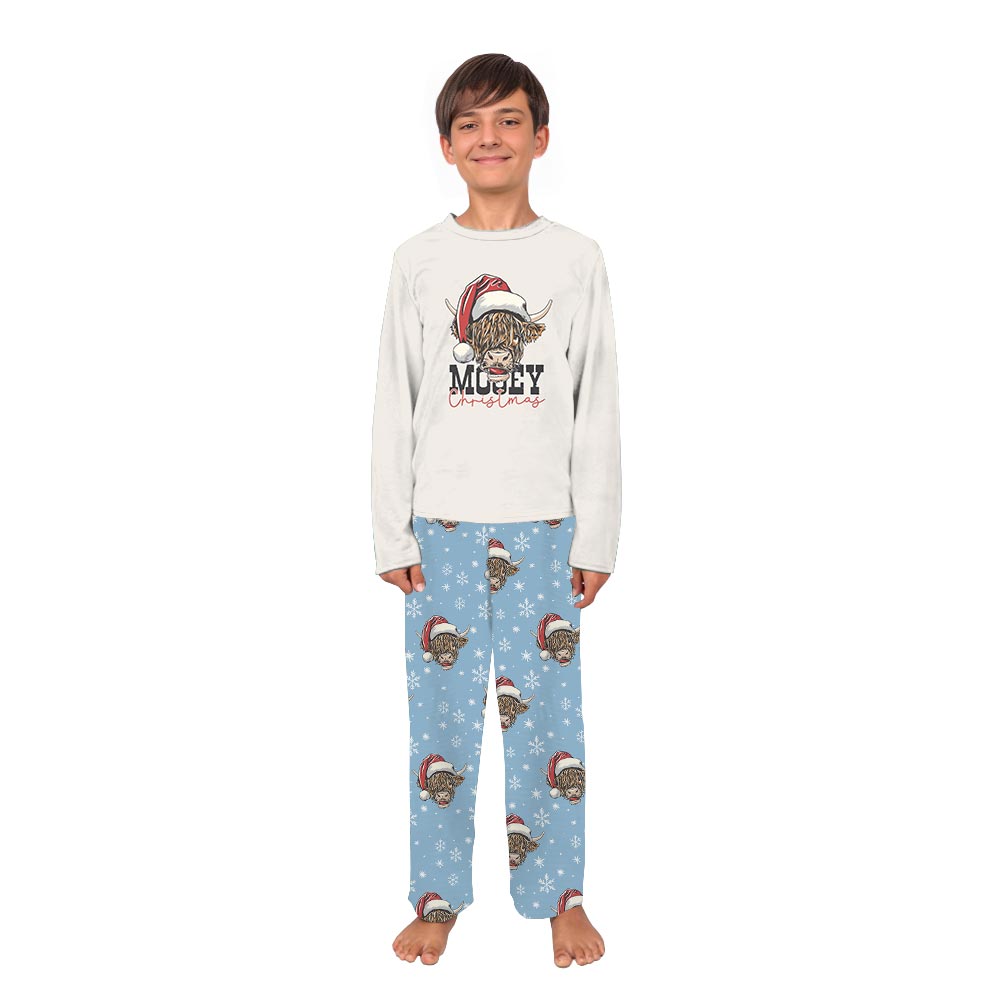 Moey Christmas Cow wearing Santa Hat Matching PJs With Dog